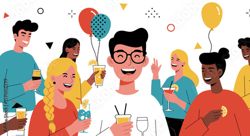 Colorful flat design party with friends and drinks celebrating together