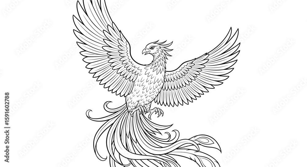 Obraz premium Phoenix in Mid Flight Majestic Bird Coloring Page for Adults Mythical Creature Art