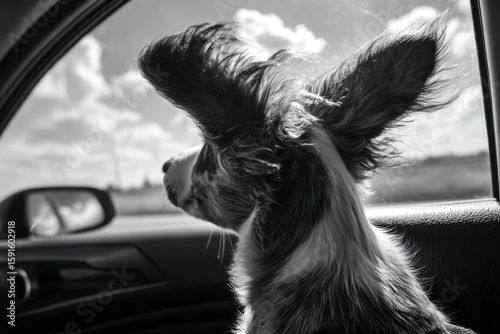 Dog in car window, windswept ears, black and white