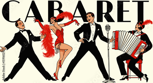 Roaring twenties cabaret show with dancers in vintage attire