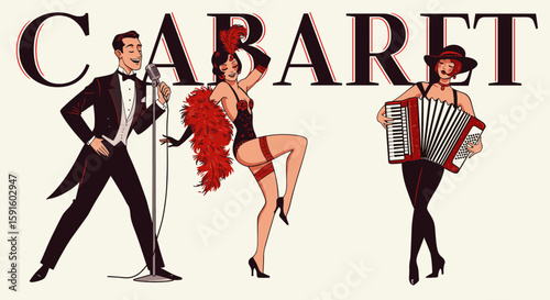 Vintage cabaret performance with dancers and musicians in retro style