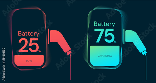 Electric Vehicle battery charging Status Dashboard Interface with Wall Charger or Home Charger Battery Charging, Battery Low symbols vector design concept. Electric car charging for EV station, ui.