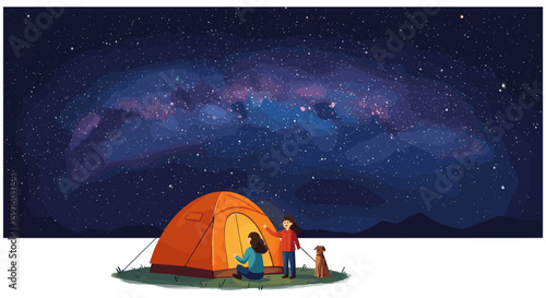 Peaceful camping night under starry sky with milky way panorama