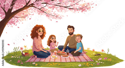 Family picnic under blooming cherry blossoms with cheerful spring atmosphere