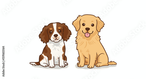Cute cartoon dogs sitting together on white background