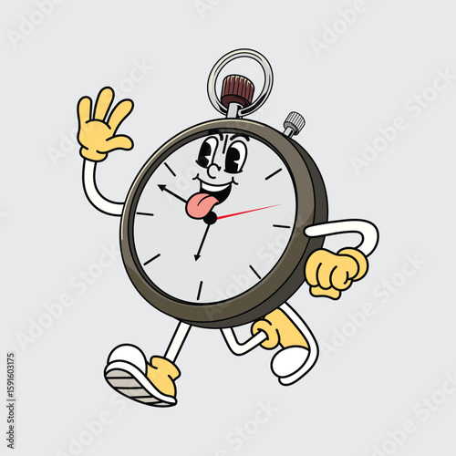 Cute stopwatch cartoon character waving hand and walking cheerfully illustration