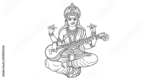 Saraswati Hindu Goddess with Veena Coloring Page for Adults Divine Artistry