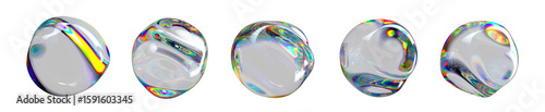 Surface of glossy transparent spheres with rainbow reflections and iridescent glow. Abstract 3D illustration of liquid shapes with smooth texture and modern vibrant design