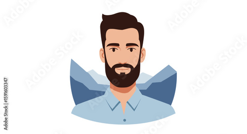Modern flat style portrait of a bearded man with mountain background
