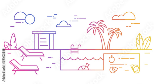 Colorful linear tropical poolside scene with palm trees and lounge chairs