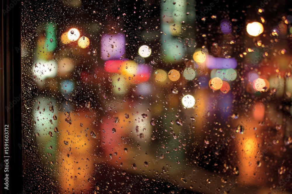 Obraz premium Rainy Night Cityscape View Through Window