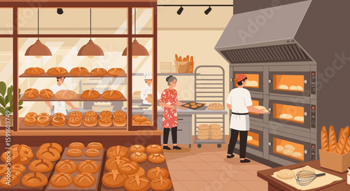 Artisan bakery scene with chefs baking fresh bread in a cozy kitchen setting