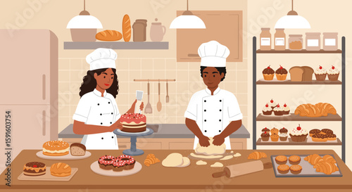 Pastry chefs baking in modern kitchen with bread and cakes