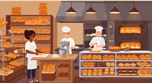 Bakery interior with chefs baking bread and pastries in cozy kitchen setting