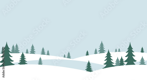Minimalist winter landscape with snow-covered pine trees