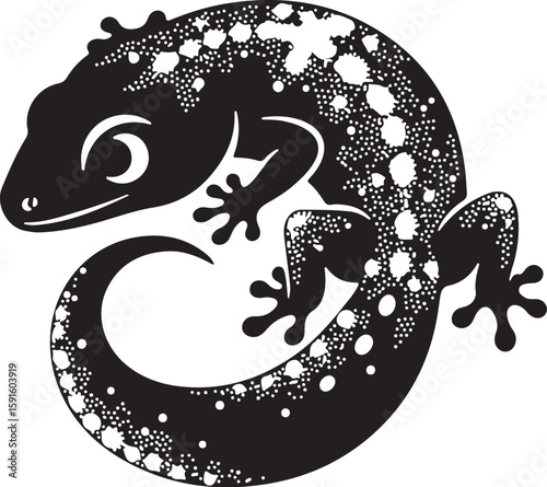 Vector art of black and white gecko silhouette with spots isolated on white background