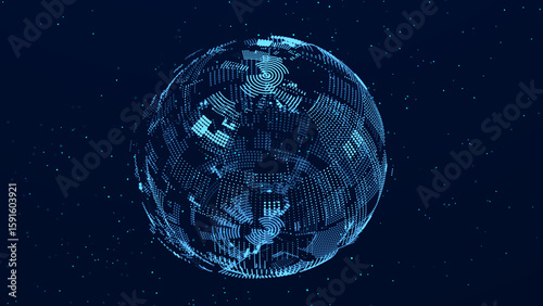 Abstract 3d sphere. Mesh of sphere with points on dark background. Science and technology. 3d