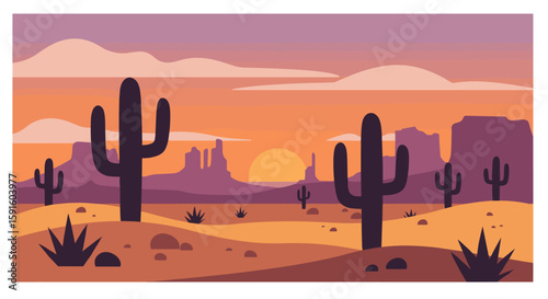 Scenic desert sunset with cacti silhouettes and mountains in flat design