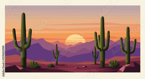 Sunset desert landscape with cacti and mountains in flat style