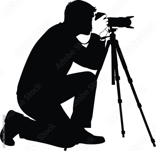 Vector art of a photographer with a camera on a tripod is taking a picture isolated on white background