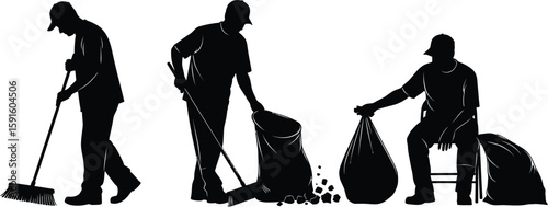 Vector art of silhouettes of a street cleaner performing various tasks isolated on white background