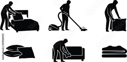 Vector art of silhouettes of a person performing various housekeeping tasks isolated on white background