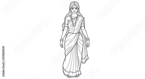 Sita from Ramayana Standing Calmly Adult Coloring Page Divine Hindu Goddess Serenity