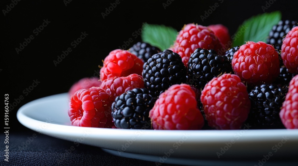 Fresh raspberries and blackberries on a plate. Fresh raspberries and blackberries on a plate.