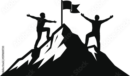 Vector art of two silhouetted figures stand atop a mountain peak with a flag, symbolizing success and achievement, isolated on white background