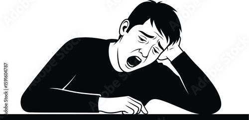 Vector art of a silhouetted man is yawning, appearing tired and bored while resting his head on his hand, isolated on white background