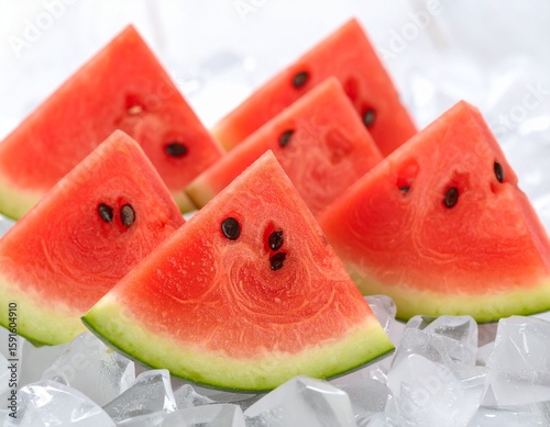slices of watermelon on ice background