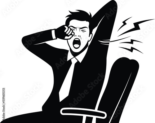 Vector art of a silhouette of a tired businessman yawning in his office chair