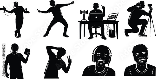 Vector art of a collection of silhouettes depicting various vloggers and content creators in different poses and with different equipment