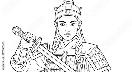 Heroic Portrait: An illustration of a determined warrior with focused gaze, a sword clutched firmly. This image embodies courage.