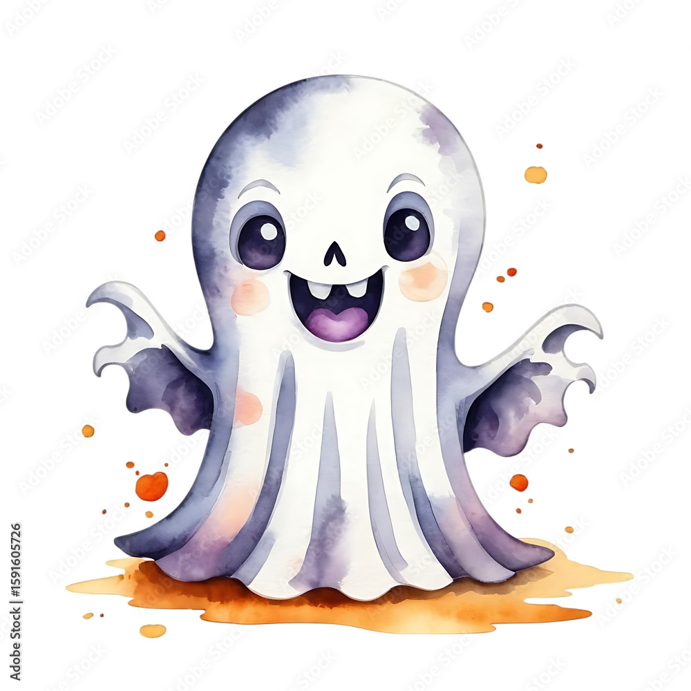 Obraz premium Cute Halloween Ghost with Pumpkin Lantern and Full Moon in Spooky Night Scene 