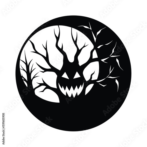 Jack-o’-lantern face carved with eerie trees and a full moon vector silhouette