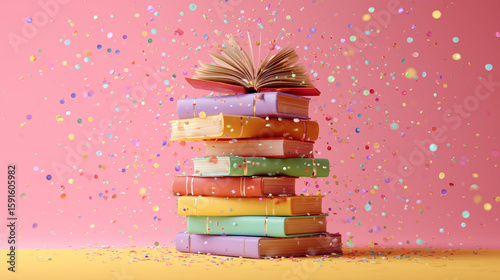 Celebratory Stack of Colorful Books Under Confetti, Education with A Festive Flair