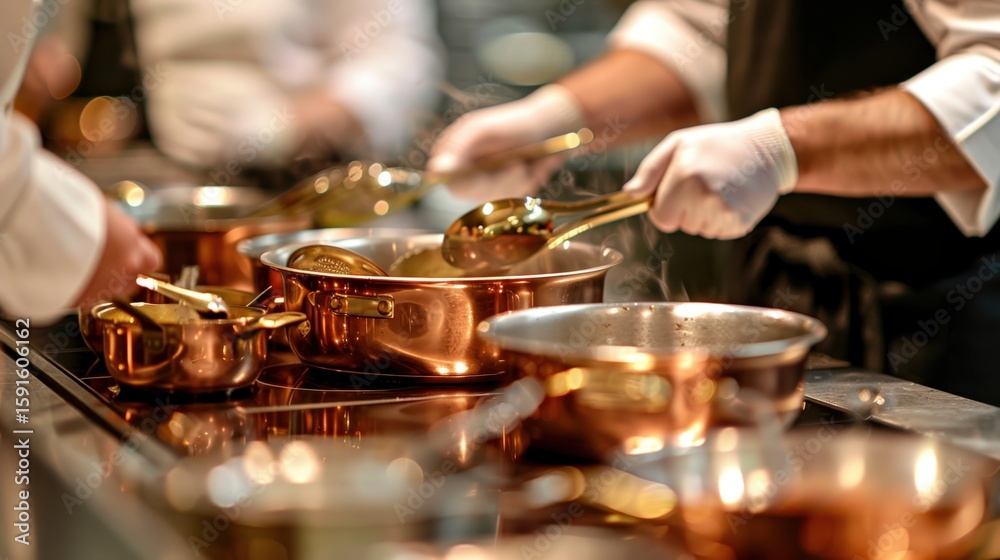 Naklejka premium Modern restaurant kitchen interior with chefs preparing food during service time