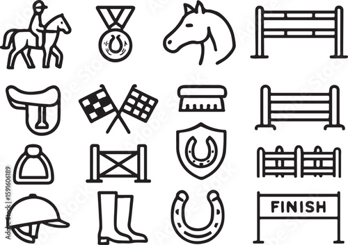Equestrian sport icons horse riding symbols and equipment