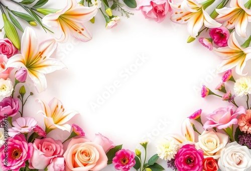 Delicate floral border of lilies, roses & carnations framing a white background,  pastel,  border design
