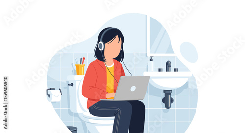 Woman working on laptop in bathroom, perfect for articles on work-life balance or remote work challenges.