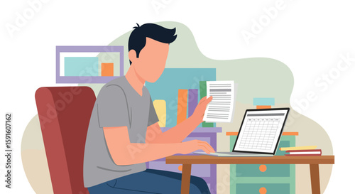 Man working from home, reviewing documents and using laptop. Perfect for website banners, blog posts, or articles about remote work.