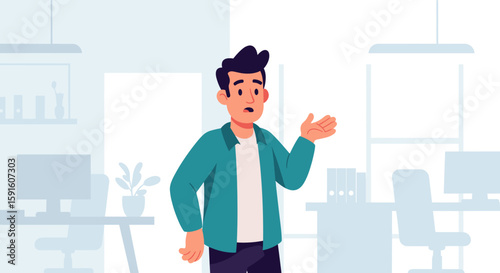 Confused young man in office setting, ideal for websites, presentations, and marketing materials.