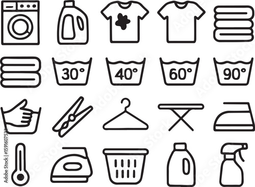 Laundry care icons washing machine and clothing symbols