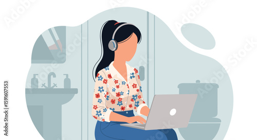 Woman working on laptop in bathroom, perfect for articles about remote work or flexible schedules.
