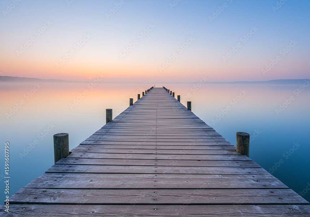 Fototapeta premium Wooden pier stretching into a calm ocean at sunset, peaceful escape