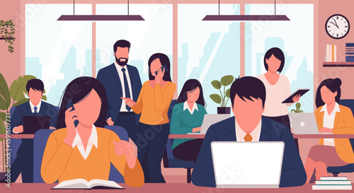 Busy Office Workers Collaborating, Ideal for Business Websites and Presentations