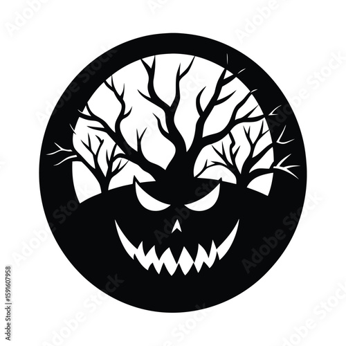 Jack-o’-lantern face carved with eerie trees and a full moon vector silhouette