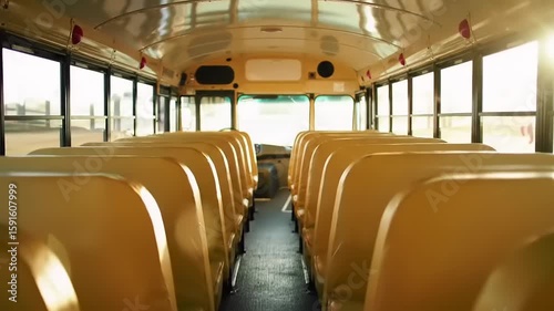 Empty school bus interior with sunny day.