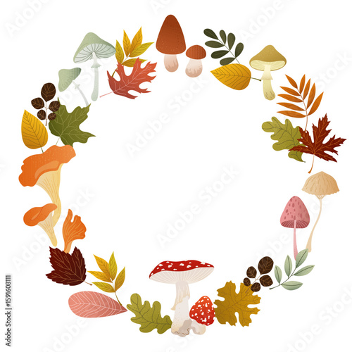 Fall wreath with textured mushrooms and colorful forest leaves. Cozy seasonal composition in warm tones. Vector illustration for autumn cards, invitations, craft projects and nature inspired design
